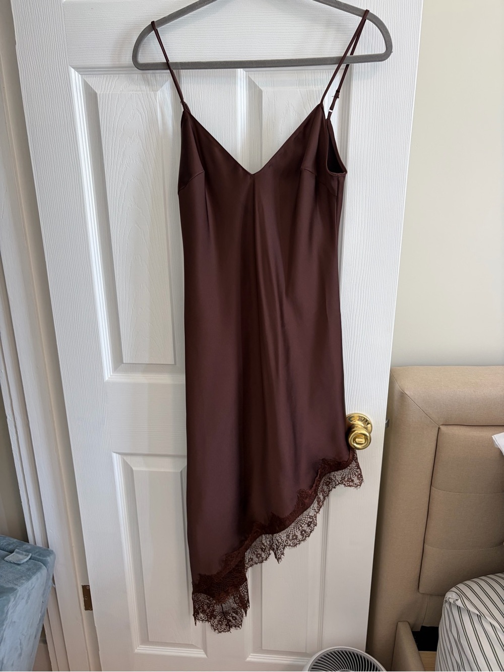 Zara Brown Asymmetrical Slip Dress with Lace Trim